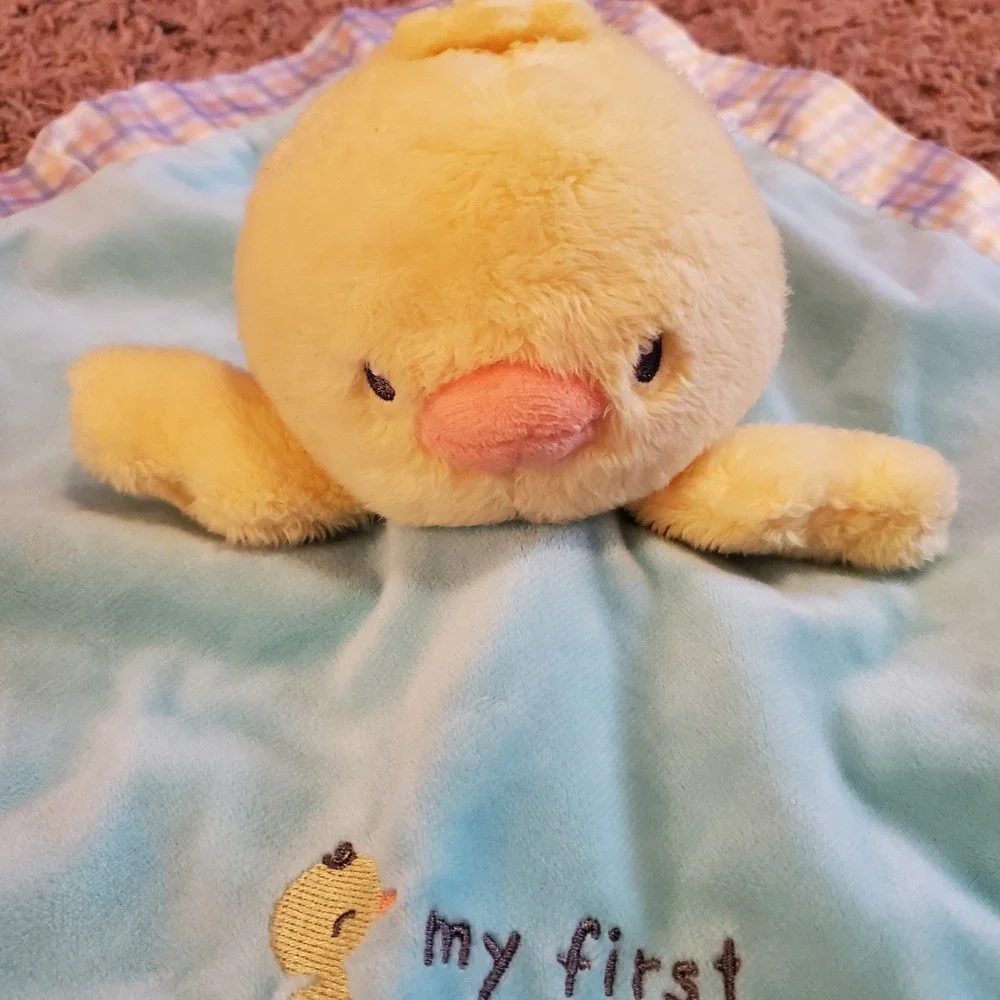 My First Easter Chick Duck Rattle Security Blanket Buddy Lovey Plaid Satin Back‎